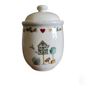 Birdhouse Canister 7" Casuals By China Pearl Bluebirds Trees ~ Pre-Owned  W/Lid